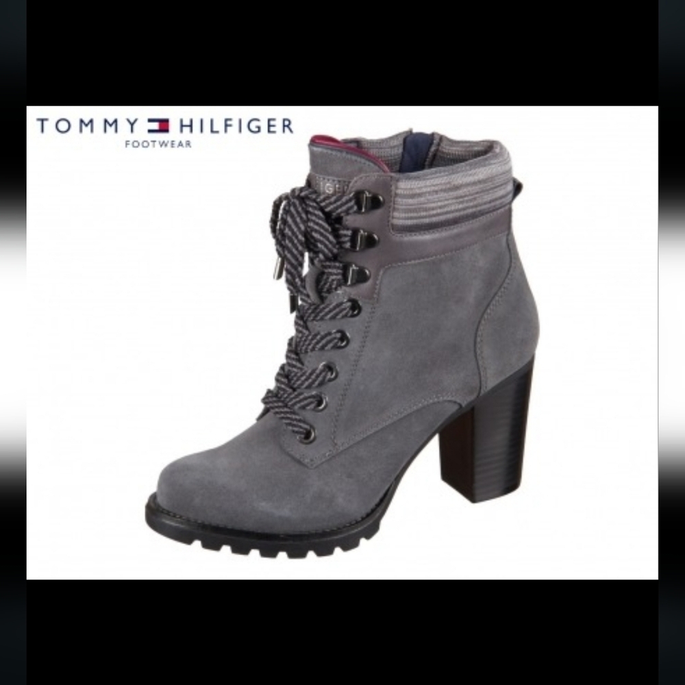 TOMMY HILFIGER SUEDE HEELED HIKER ANKLE BOOT - GREY/GRAY